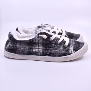 Women's Black Square Plaid Faux Fur Lining Comfortable Lace Up Sneakers